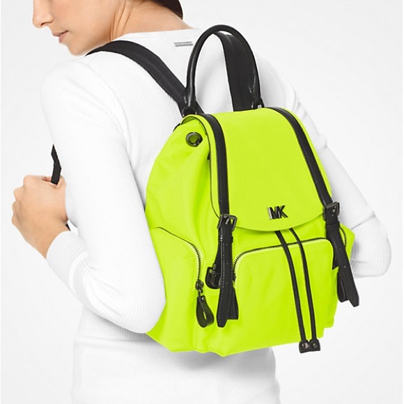 PREOWNED RARE NEON YELLOW & BLACK LEATHER MEDIUM BACKPACK - Picture 1 of 7